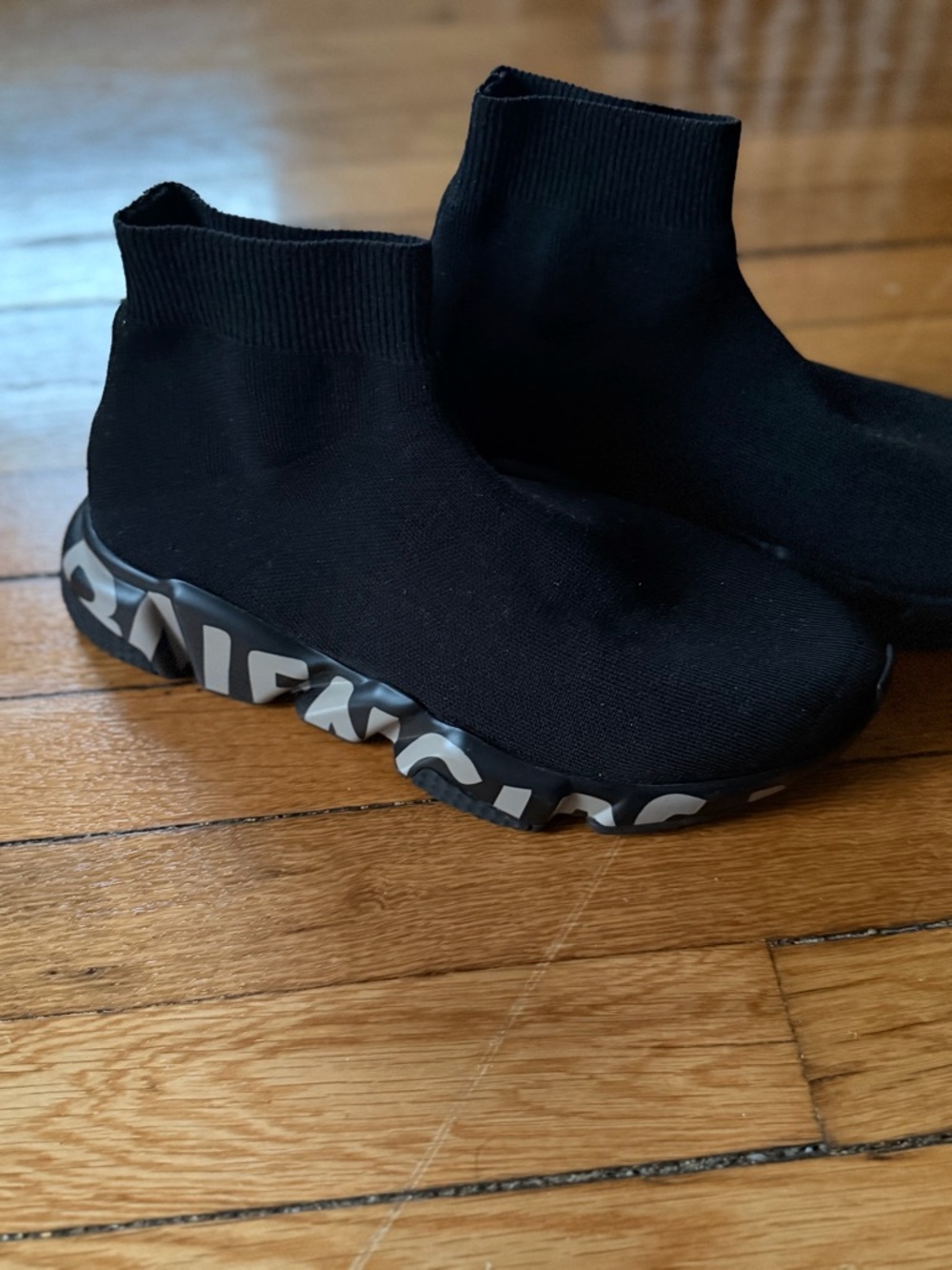 Balenciaga Black Knit Sock Sneakers with graffiti/Logo-Patterned Sole